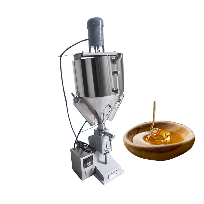 Máquina llenadora pequeña Manual de jugo, crema de miel, aceite, champú líquido, pasta de mermelada, máquina llenadora de botellas con licuadora y calentador