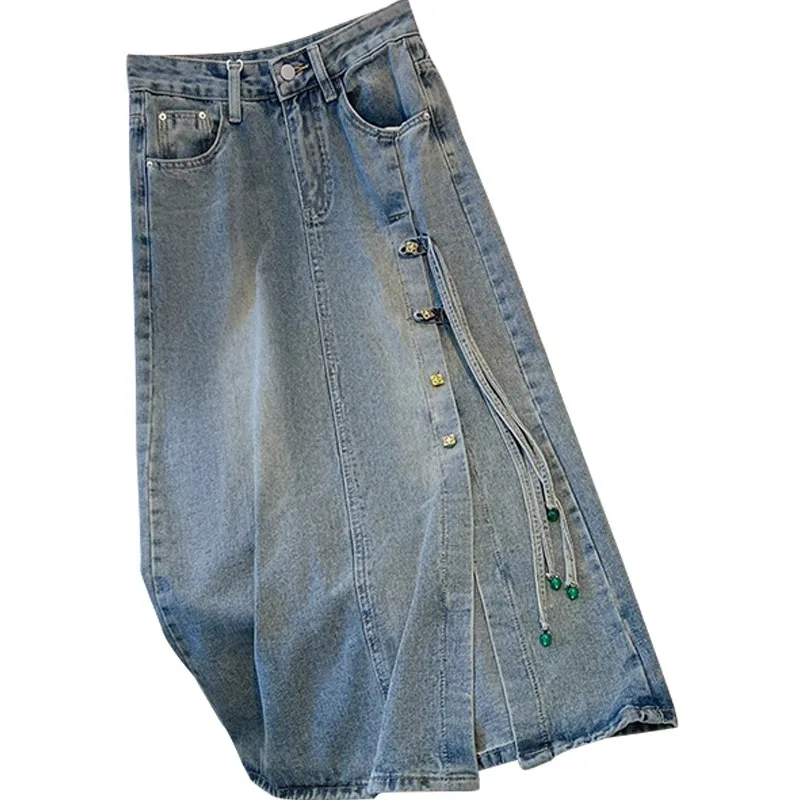 Gonna di jeans con fibbia stile cinese Donna Estate 2025 Nuova gonna a trapezio di media lunghezza divisa Temperamento Nappa Gonne slim tutte abbinate