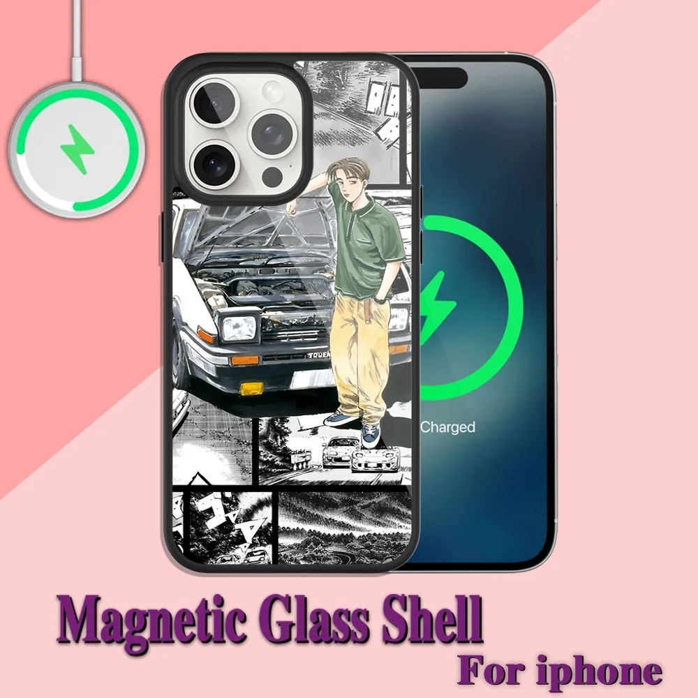 Initial D cartoon Phone Case For iPhone Charging 13 14 15 11 12 Pro Max Plus Glass Magsafe Magnetic Shell