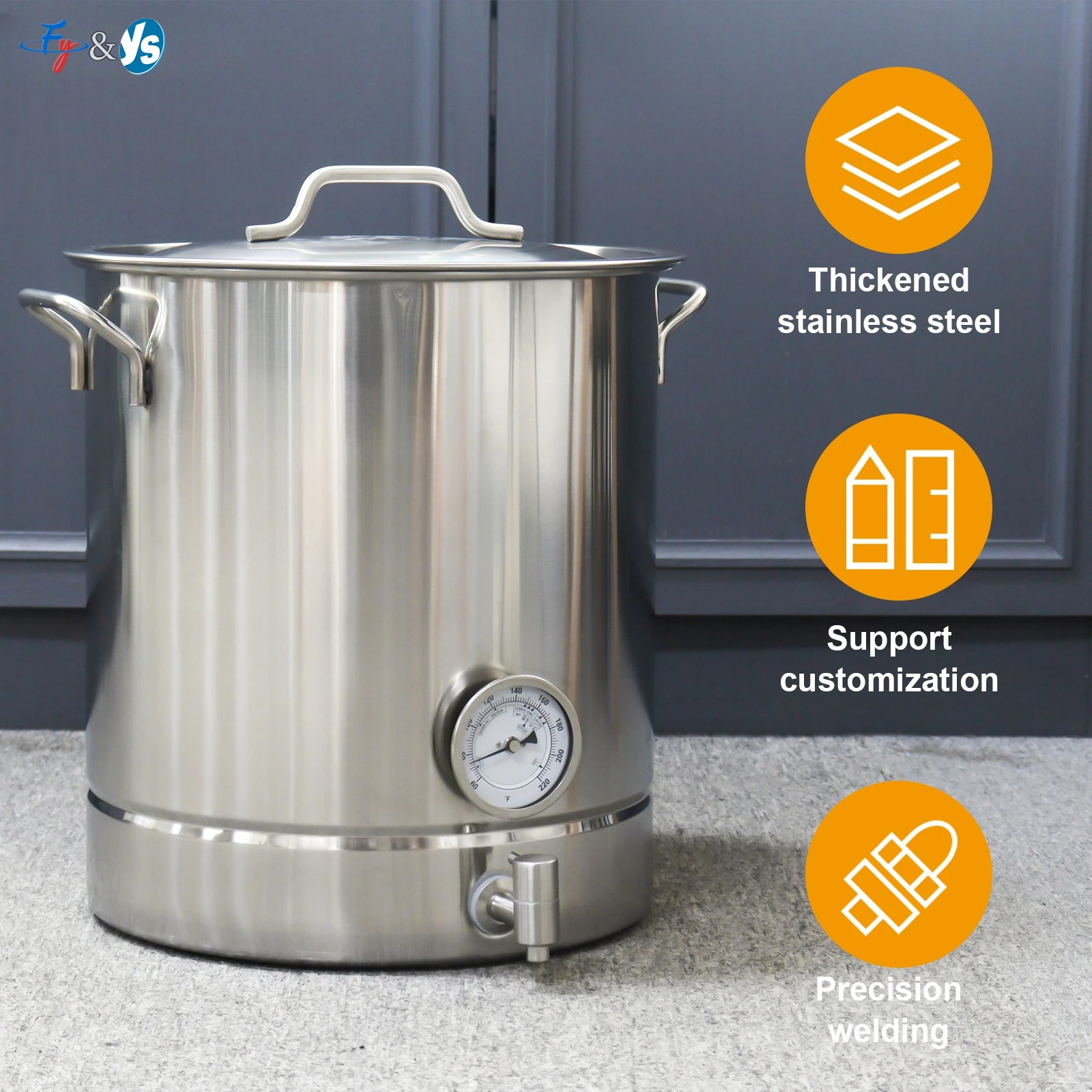 Brew Pot 30L/40L Stainless Steel Beer Brewing Kettle with Thermometer & Spigot, 3-Ply Bottom Boil Kettle Ball Valve