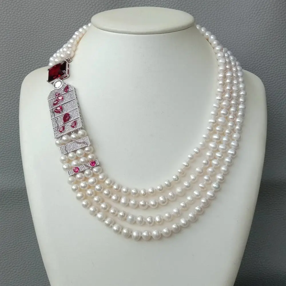 21-23'' 4 Strands Freshwater Cultured White Pearl Cubic Zirconia Pave Big Rectangle Connector Choker Necklace for Women