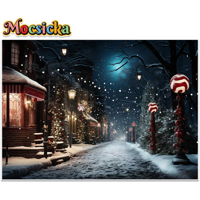 Фон для фотосъемки с изображением зимних праздников ночного времени заснеженной уютной небольшой улицы с фонарями внутри дома Рождественский фон для фотосъемки в стиле ретро