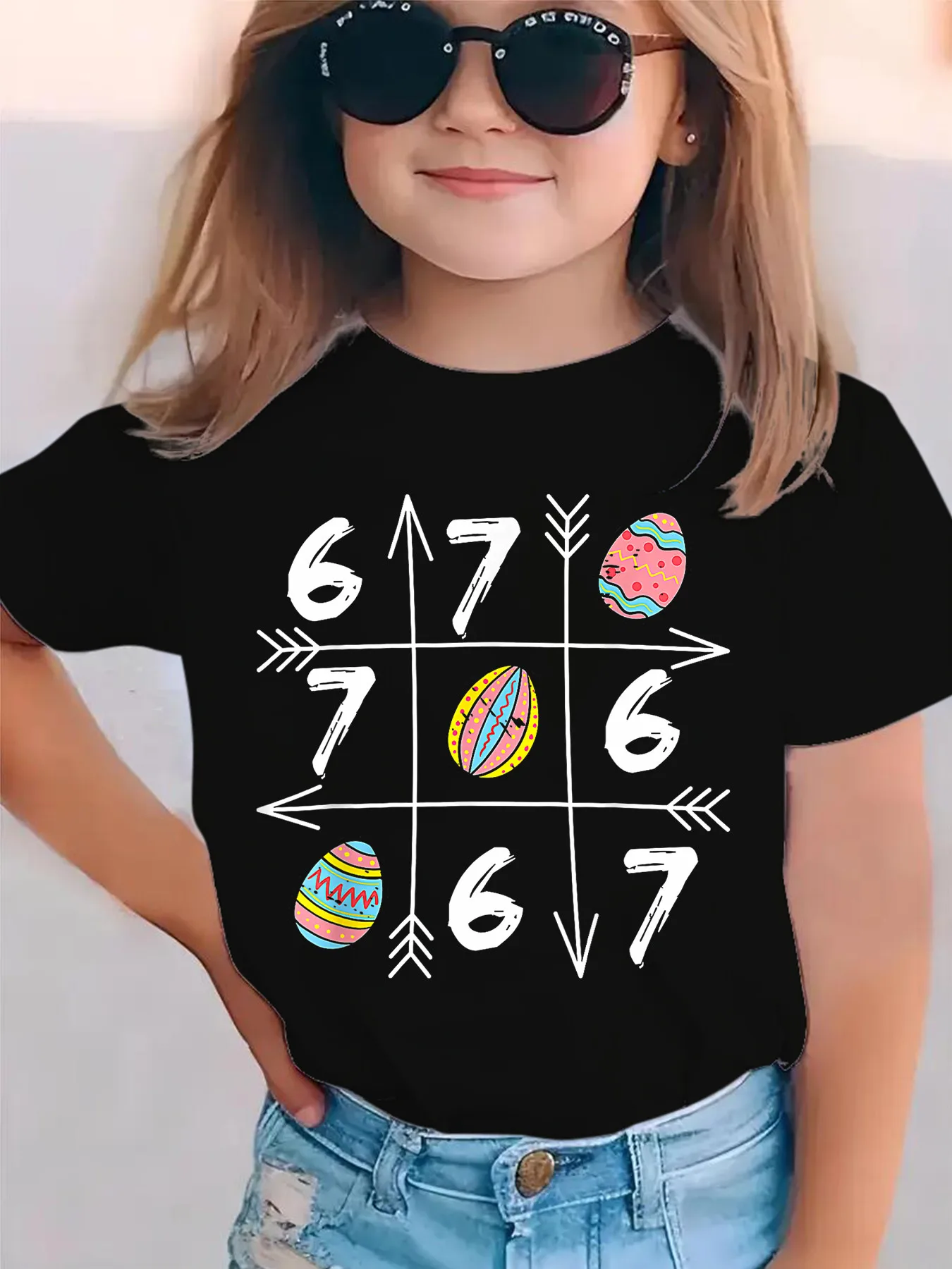 Easter Egg Arrow Grid Number 67 Hand Drawn Print Family Matching Cotton Tees Short Sleeve Tops For Mom Dad Boys Girls Daily Wear