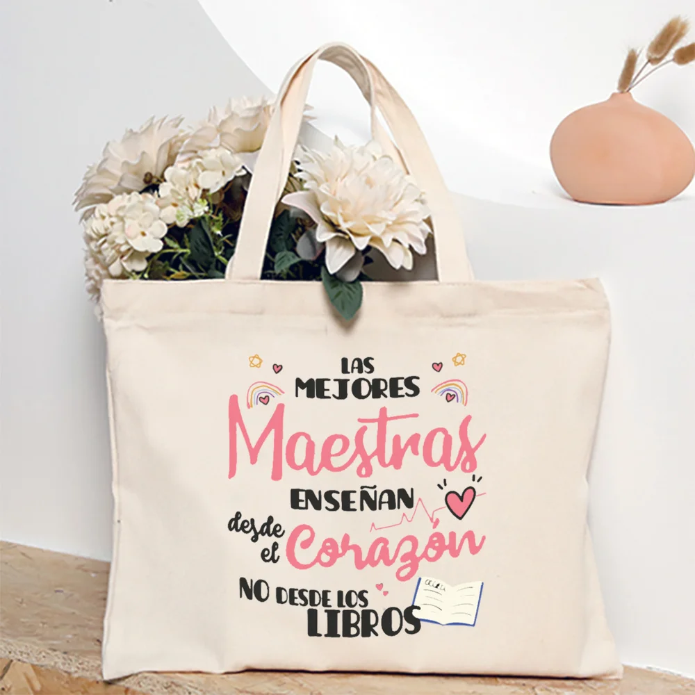 Melhor professor do mundo espanhol impresso bolsa de ombro feminina lona sacos de compras bolsas femininas reutilizáveis tote presente para professor