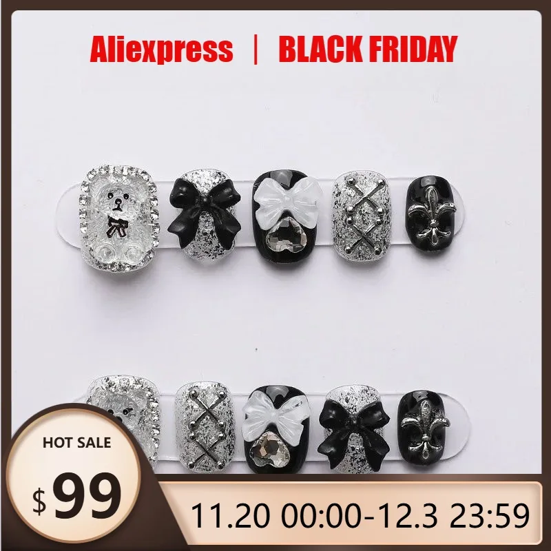 

10pcs Handmade Bear & Bow Press-On Nails - Short Square Glossy Fake Nails with Cute Cartoon Bear&Elegant Bow Designs False Nails