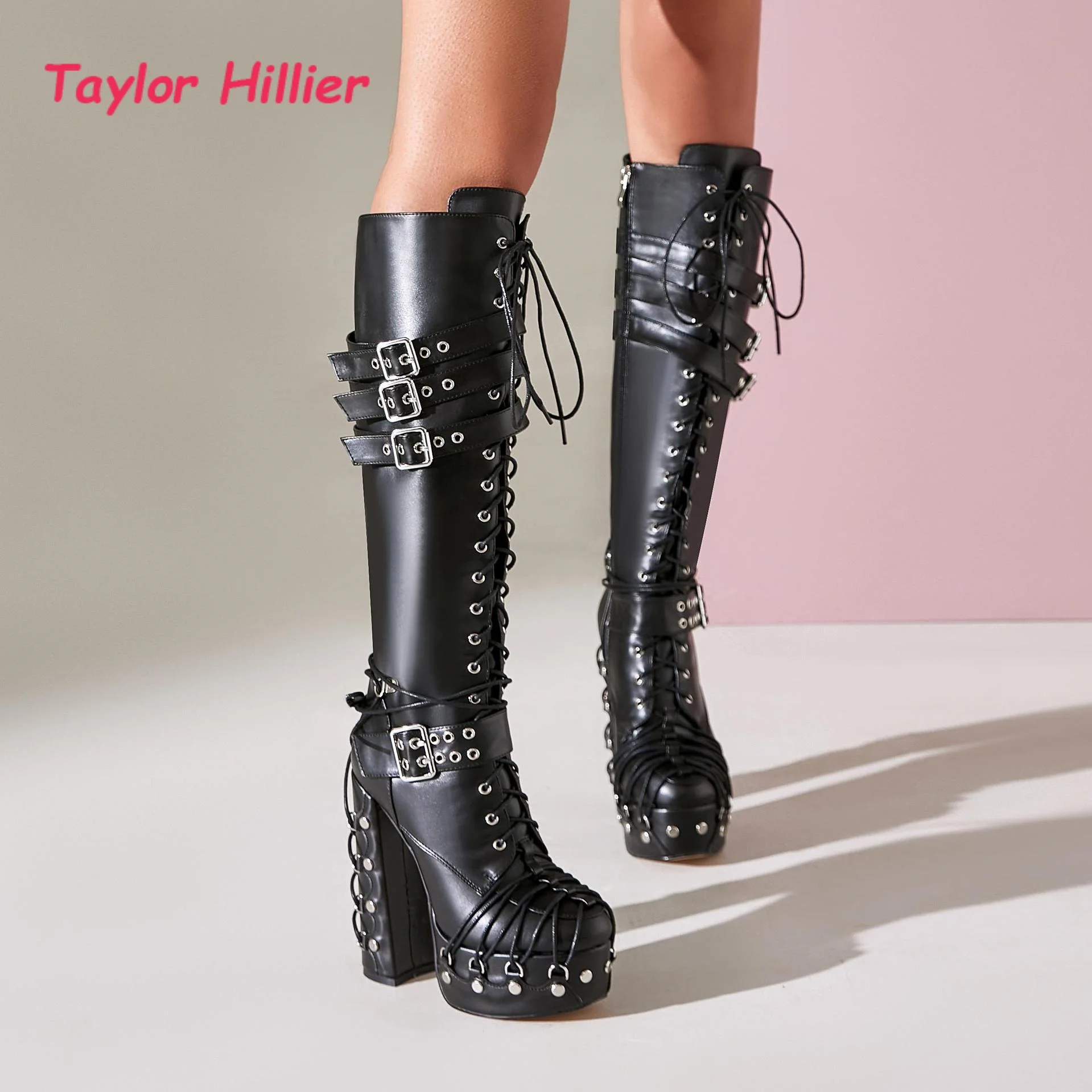 

Buckle Strap Platform Knee High Boots Women Chic Gothic Style Chunky Block Heel Ladies Classy Non-slip Zipper Shoes