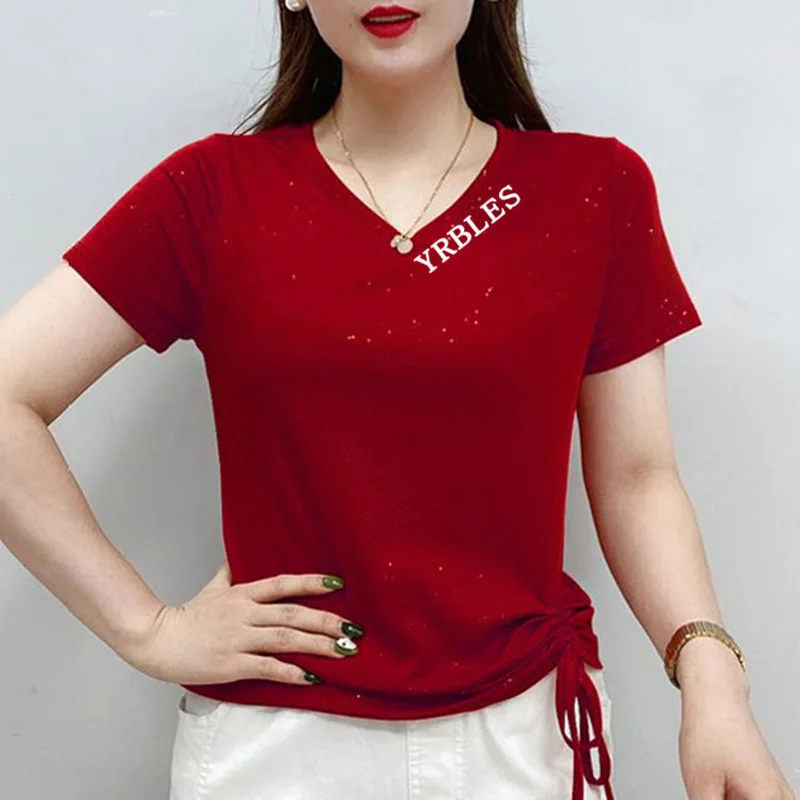 Fashion V-Neck Loose Letter Shirring Bandage Bow Blouse Female Clothing 2023 Summer New Casual Pullovers Tops Asymmetrical Shirt