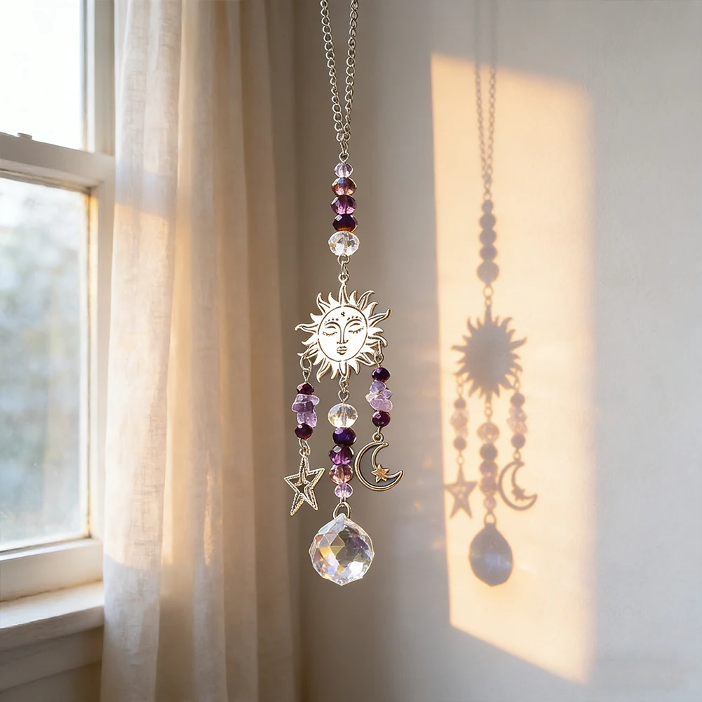 Sun Moon Crystal Suncatcher Hanging Ornament Prism Rainbow Pendant Mirror Decor Window Hanging Charm Amethyst Beads Decor Gift