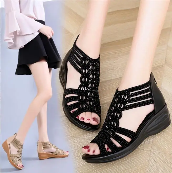 

Women Wedge Sandals rhinestones Shoes Summer Increase Shoes Women Outdoor Sandals Ladies Women's Slippers Ladies Black Sandals