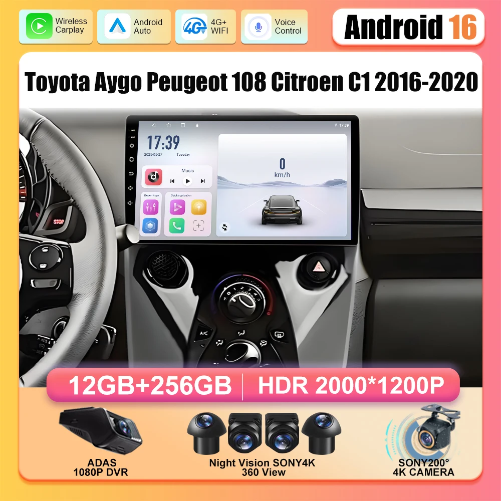 Car Radio Android 16 For Toyota Aygo Peugeot 108 Citroen C1 2016-2020 Navigation GPS Android Auto Stereo Carplay Screen Unit 2K