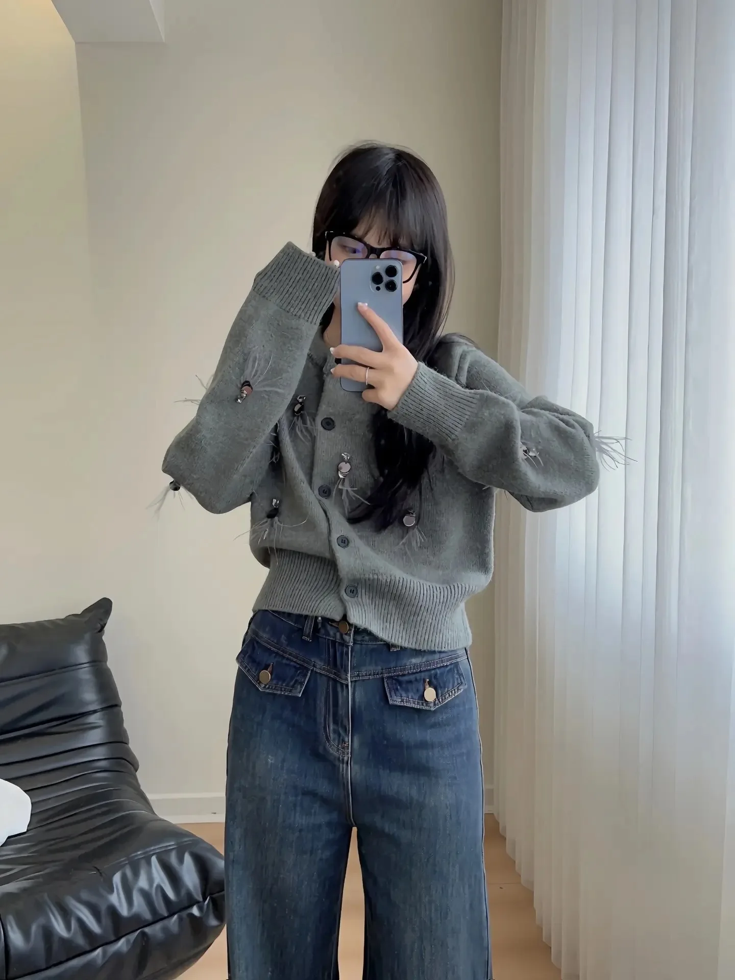 

Autumn Winter Coat High-end Knitted Sweater Black Grey Knitted Cardigan Vintage Sequins Feather Tassels Long Sleeve Tops Women