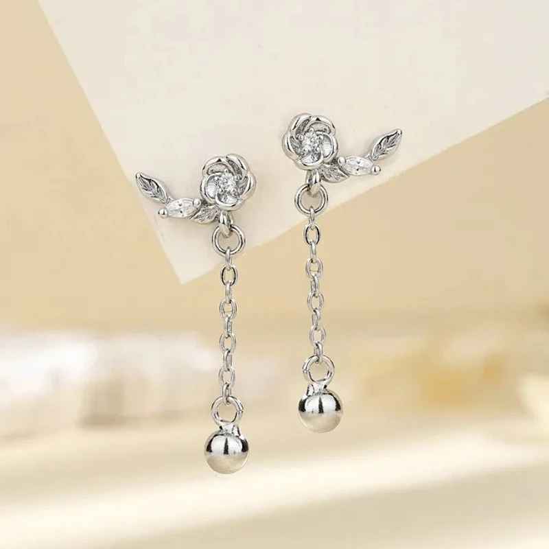 

Charming Geometric Flower Zircon Rose Beads Tassel Stud Earring for Women Fashion Jewelry High Luxury Vintage Accessories