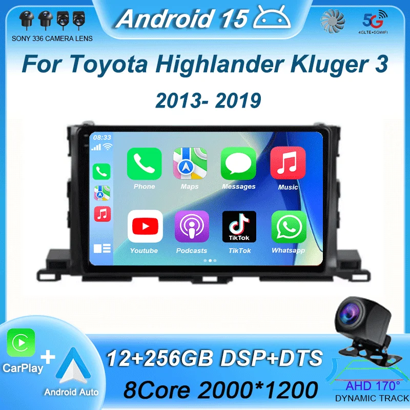 

Видеоплеер Android 15 для Toyota Highlander Kluger 3 XU50 2013-2019 Автомобильный радиоприемник Мультимедиа 4G WIFI GPS-навигация Carplay Auto