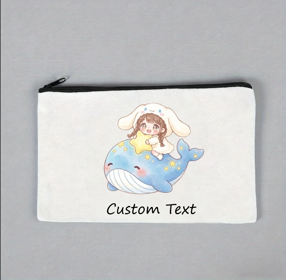 1PC Custom Text Cute Bunny‑Hat Girl On Star Blue Whale Cosmetic Bag Personalized Canvas Zipper Storage Pouch