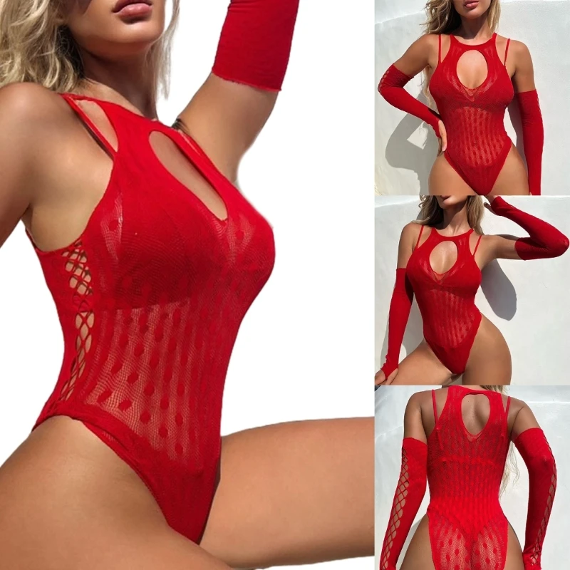 

Women Pieced Lingerie Fishnet Bodysuit Sheer Mesh Teddies Chemise Nightie Teddies Babydoll Nightgown with Oversleeve