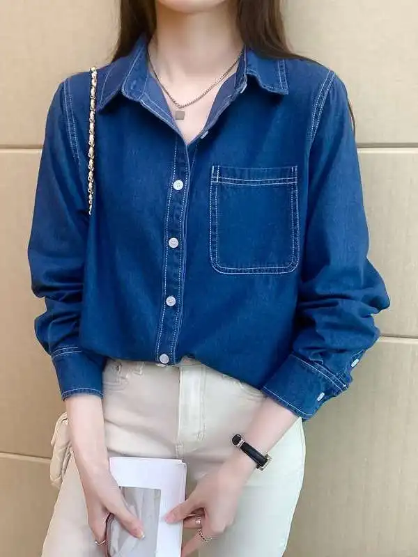 

Women's Cotton Denim Shirt Thin Casual Loose Fit Commuter Neck Long Sleeve Cleanfit Style Fashionable Ladies' Shirt