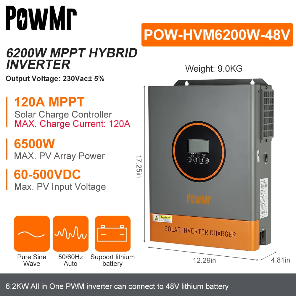 PowMr 6.2KW 4.2KW 6.5KW 4.5KW Off-Grid Hybrid Solar Inverter 48V 24V to 230VAC MPPT 120A 130A 150A Charger Low Start PV 55/60VDC