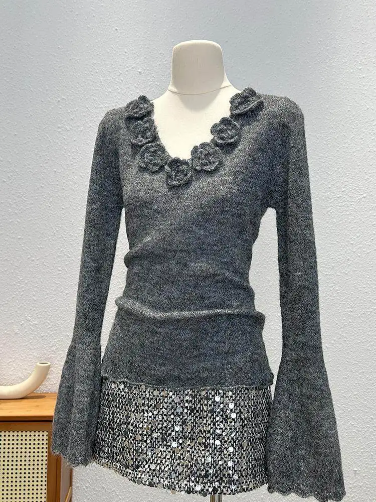 

Милый красный трикотаж с 3D цветочным узлом, топы, женские модные топы с v-образным вырезом, внутренний свитер, Новое поступление, зимние универсальные рубашки