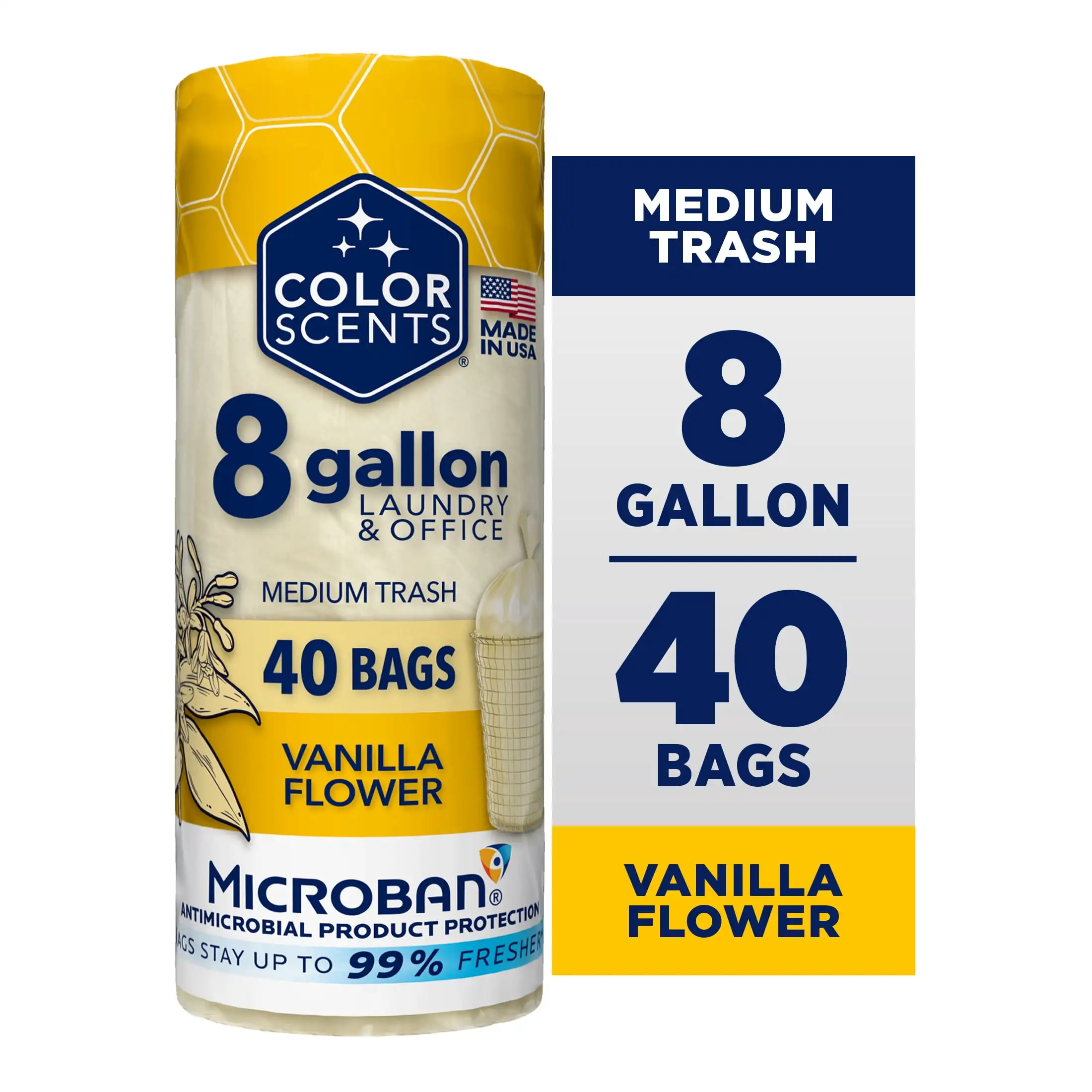 (3 pack) 8 Gallon Laundry Room and Office Trash Bags Vanilla Flower Scent, Microban, Twist Tie, 40 Count