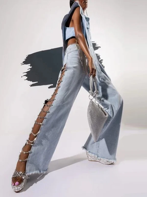 Krisnanas-pantalones vaqueros con cadena de diamantes para mujer, ropa de calle Y2k, con abertura hueca, bolsillos elegantes, pantalones largos de algodón, 15-20144