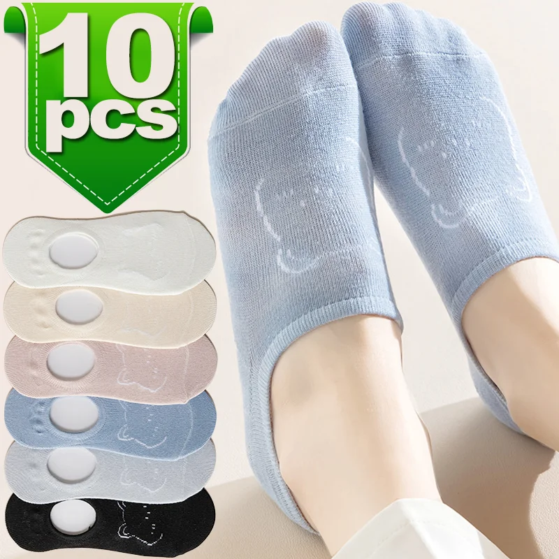 5Pairs Invisible Shallow Cut Boat Sock Cotton Boat Socks Cute Cotton Bear Women Sock Slippers Thin Summer Breathable Knitted Sox