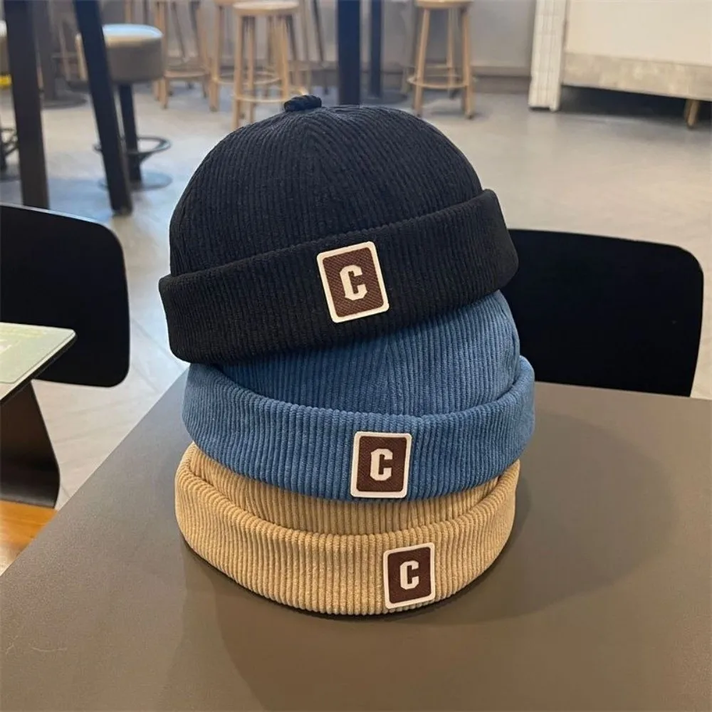 

New Corduroy Brimless Hat Solid Color Adjustable Design Kids Docker Cap Warm Fabric C Letter Winter Cap Autumn Winter