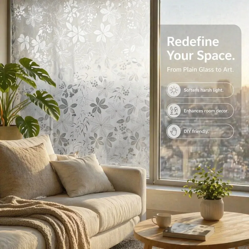 Watercolor Purple Floral Self-Adhesive Window Privacy Film, Frosted Decorative Glass Sticker, UV Blocking Removable Window Cover