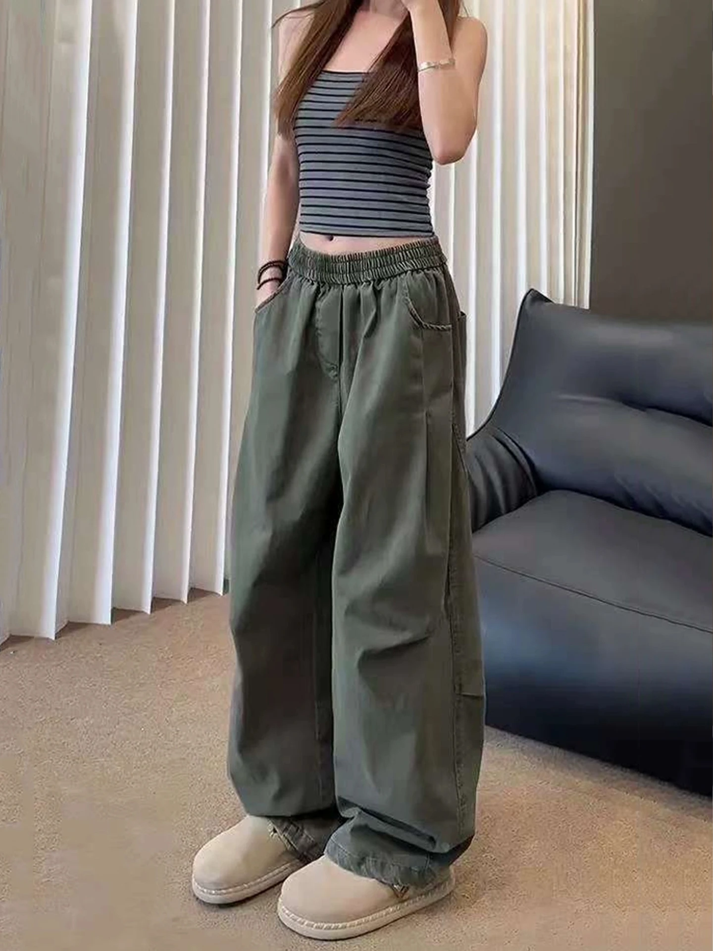 

Мужские брюки в американском стиле цвета хаки, осенние, в стиле High Street Vibe, прямые, широкие, повседневные, с отворотами