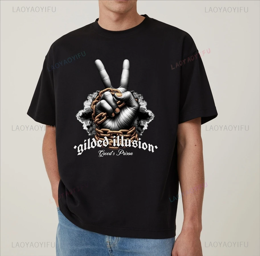 GILDED ILLUSION Vintage Men's Tops, Everyday Street Harajuku Clothing, Men's Stylish Casual Short Sleeve Cotton T-shirts