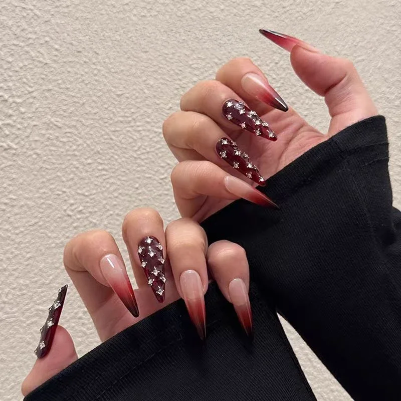 Heavy Industry Blood Red Diamond Manicure Wearing Nail Slightly Transparent Blood Red Nude Gradual Change Flash Diamond White