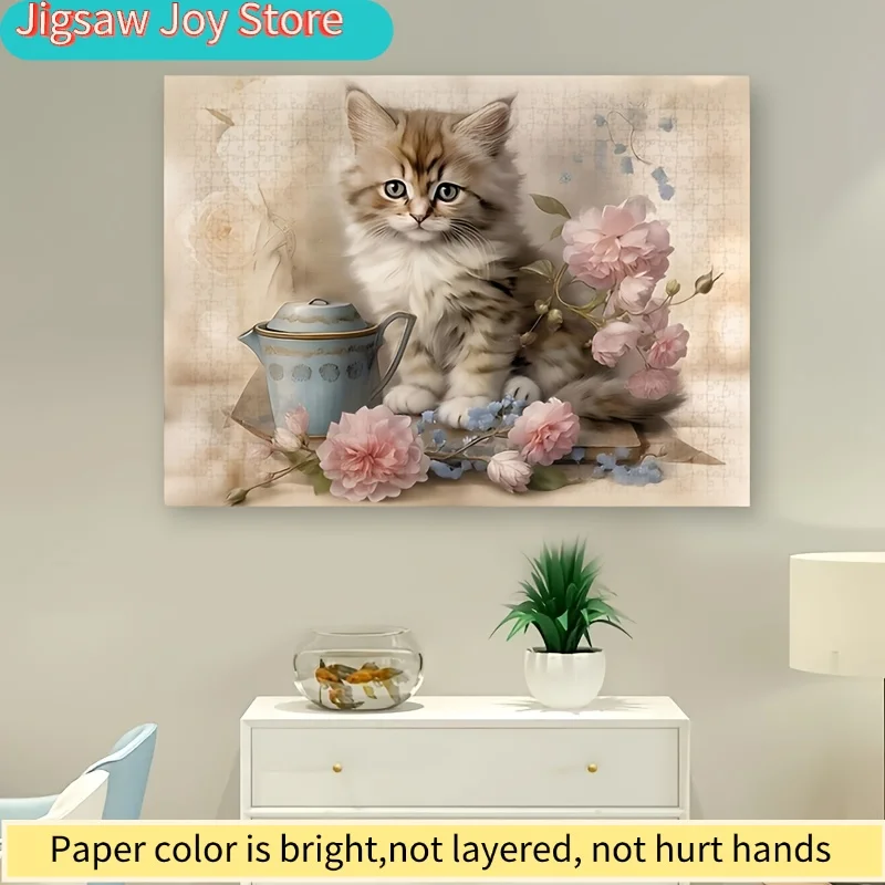 

Пазл-головоломка на 1000 элементов с изображением кота и цветочным пейзажем - интерактивная развивающая игра для семейного досуга, развития мелкой моторики