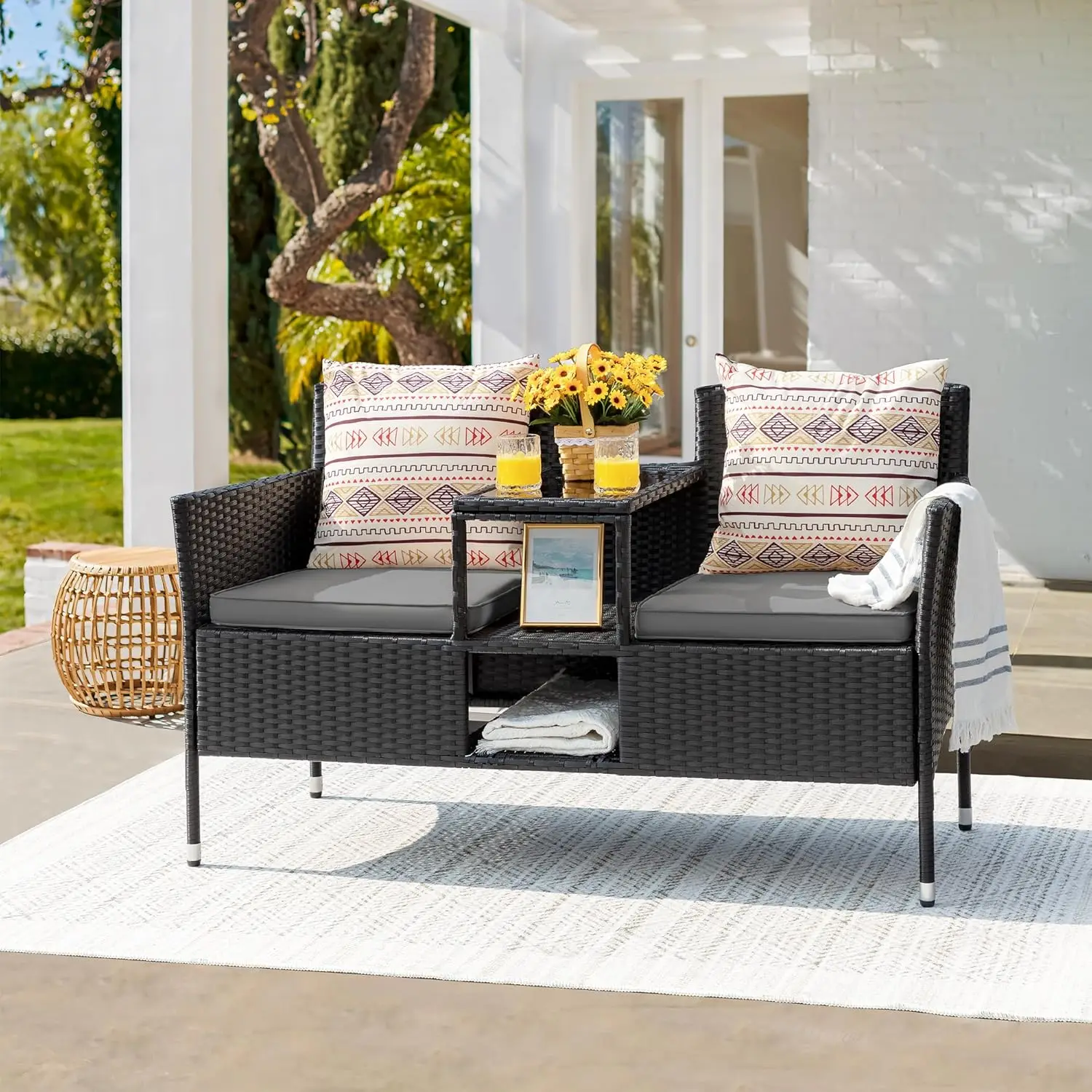 Outdoor Patio Loveseat Modern Rattan 2-Seat Patio Conversation Set with Cushions & Built-in Coffee Table Porch Furniture