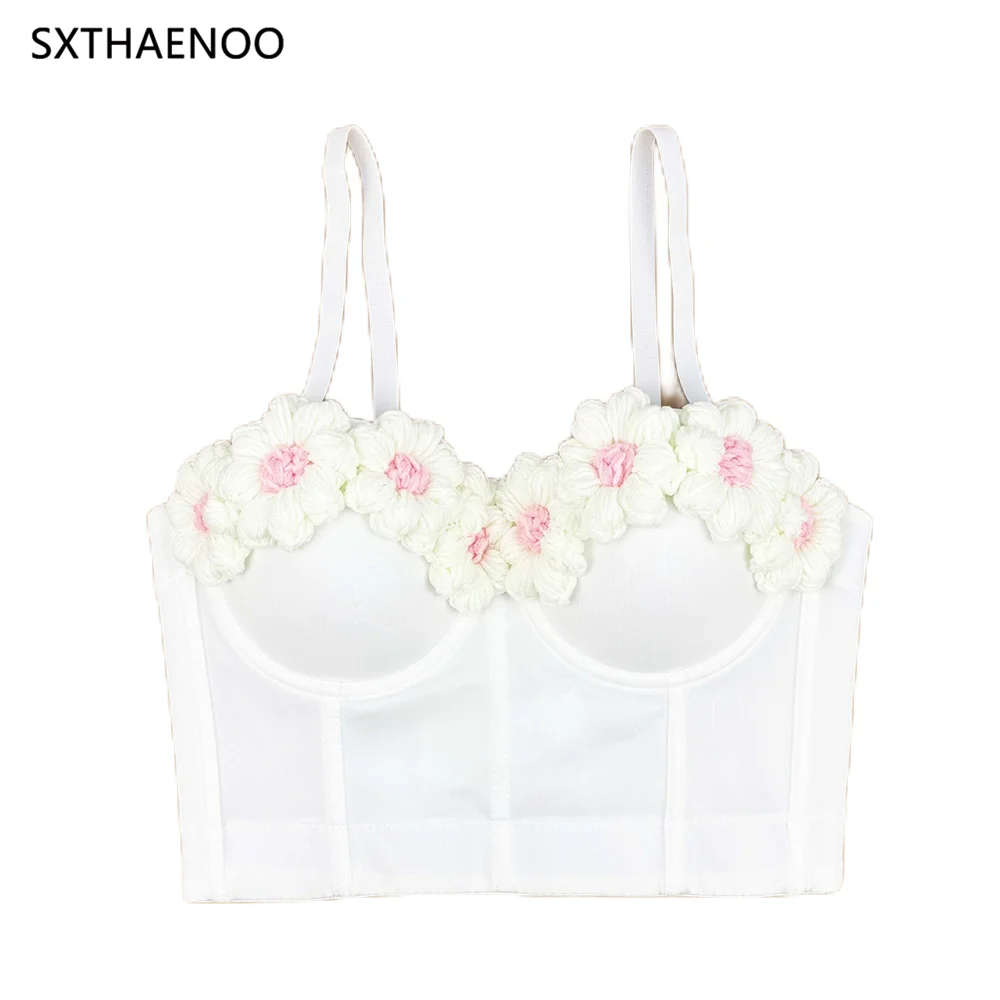 SXTHAENOO Sexy Applique Floral Corselets Women's Bachelorette Bustier Bra Cropped Top Party Bralette Knit Vest High Street