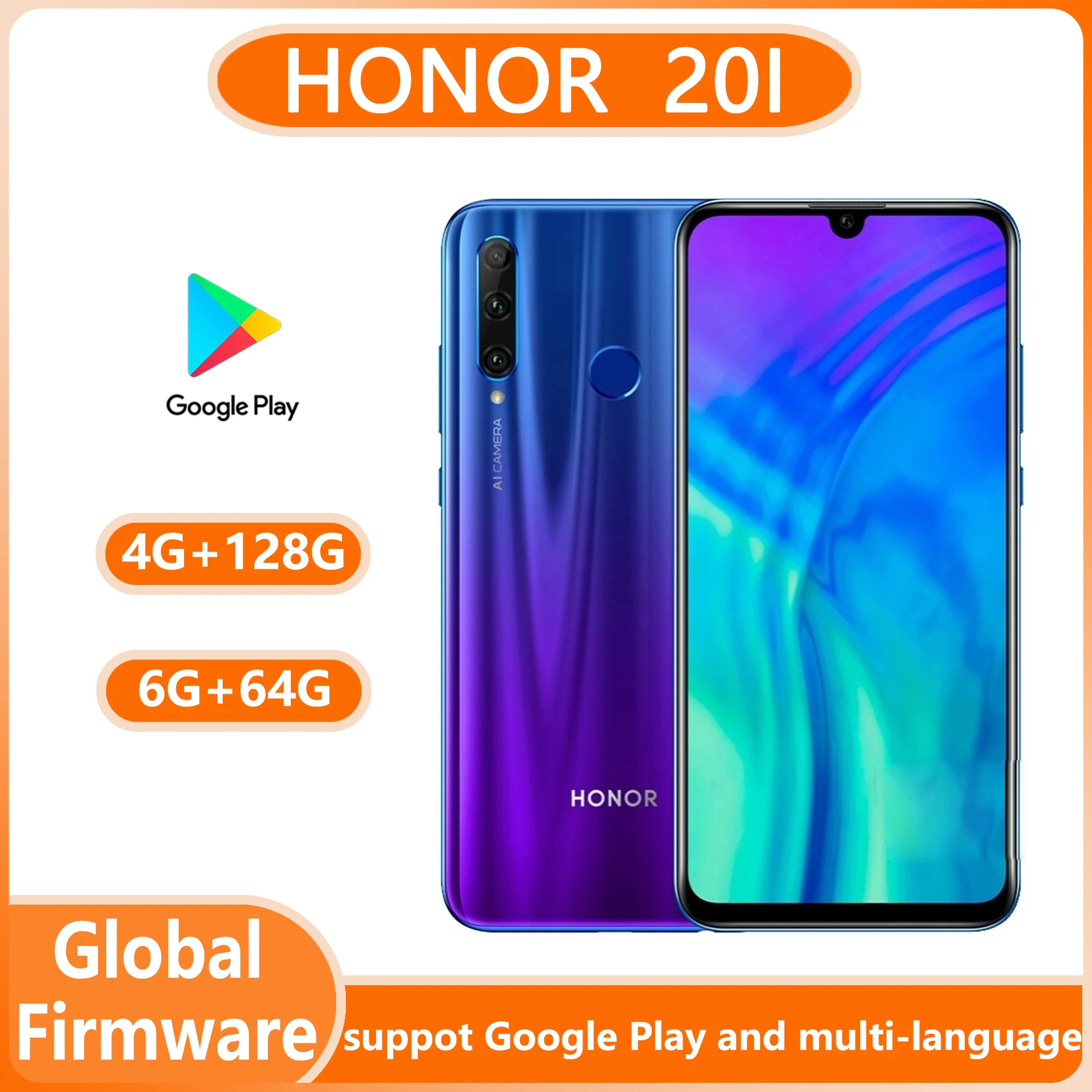 HONOR 20i Smartphone Global Firmware CPU Haisi Qilin 710 Android 9.0 3400 mAh 6.21 inch front camera 32MP used phone