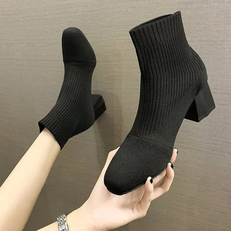 Stretch Sock Boots For Women Shoes Square Heel Yellow Knitting shoes Elastic Cottton Boots Lady Footwear