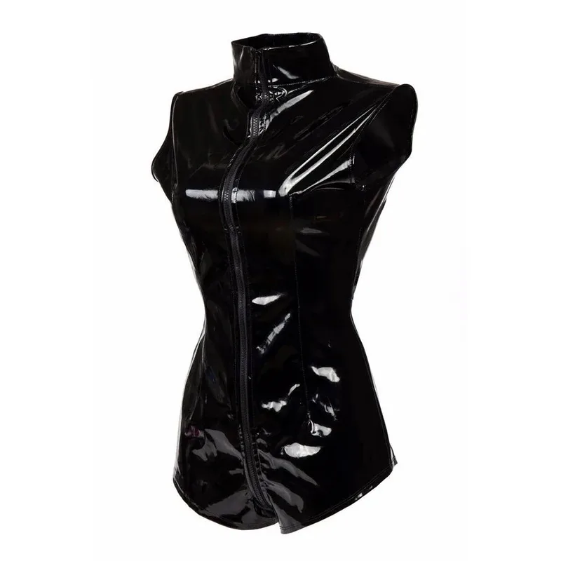 Sexy Black Zipper Women PVC Faux Leather Jumpsuit Wet Look Clubwear Motorcycle Costume