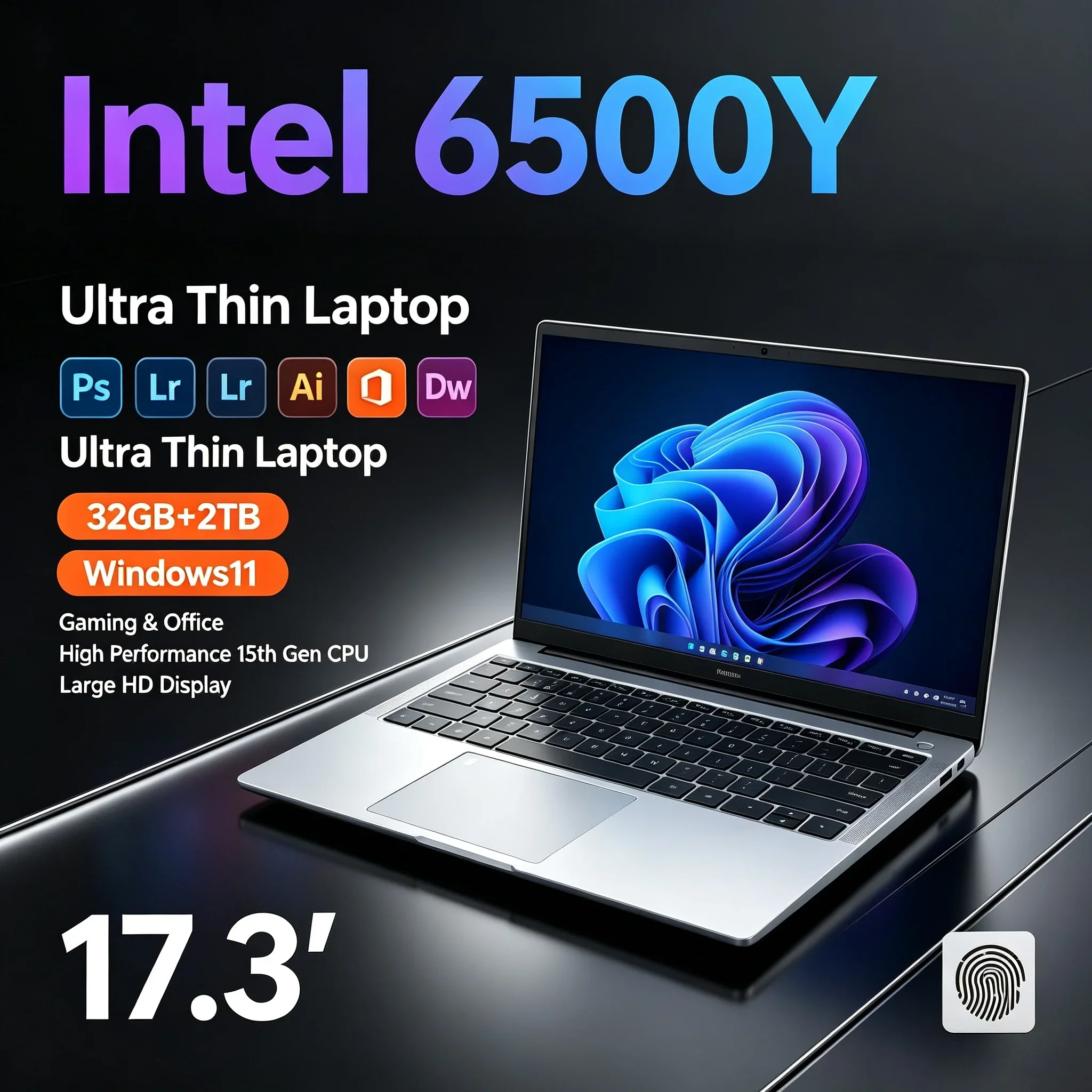 17.3'' Inch HD Laptop Notebook Intel 6500Y 32GB RAM 1TB 2TB SSD Win11 WiFi6 BT5.2 Portable PC Daily Work Study Office Home Use