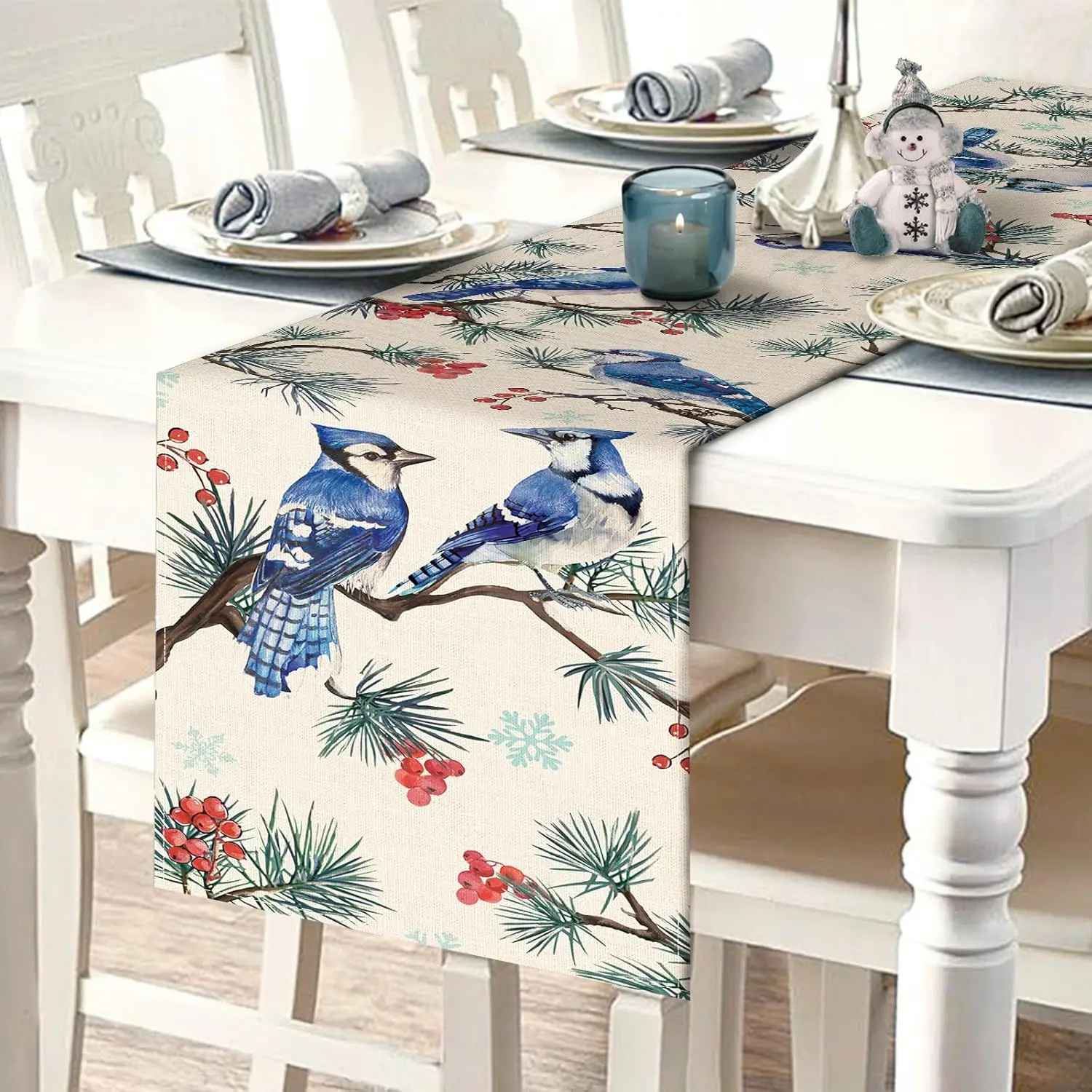 Christmas Pine Branches Berry Bird Linen Table Runner Party Decor Winter Xmas Kitchen Dining Table Runner Christmas Decorations