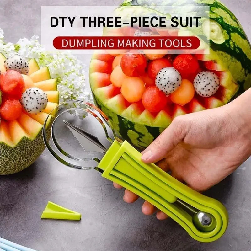 

3 In 1 Stainless Steel Fruit Slice Cutter Scoop Fruit Platter Carving Knife Cutter Fruit Pulp Digger Spoon Set Kitchen Tool