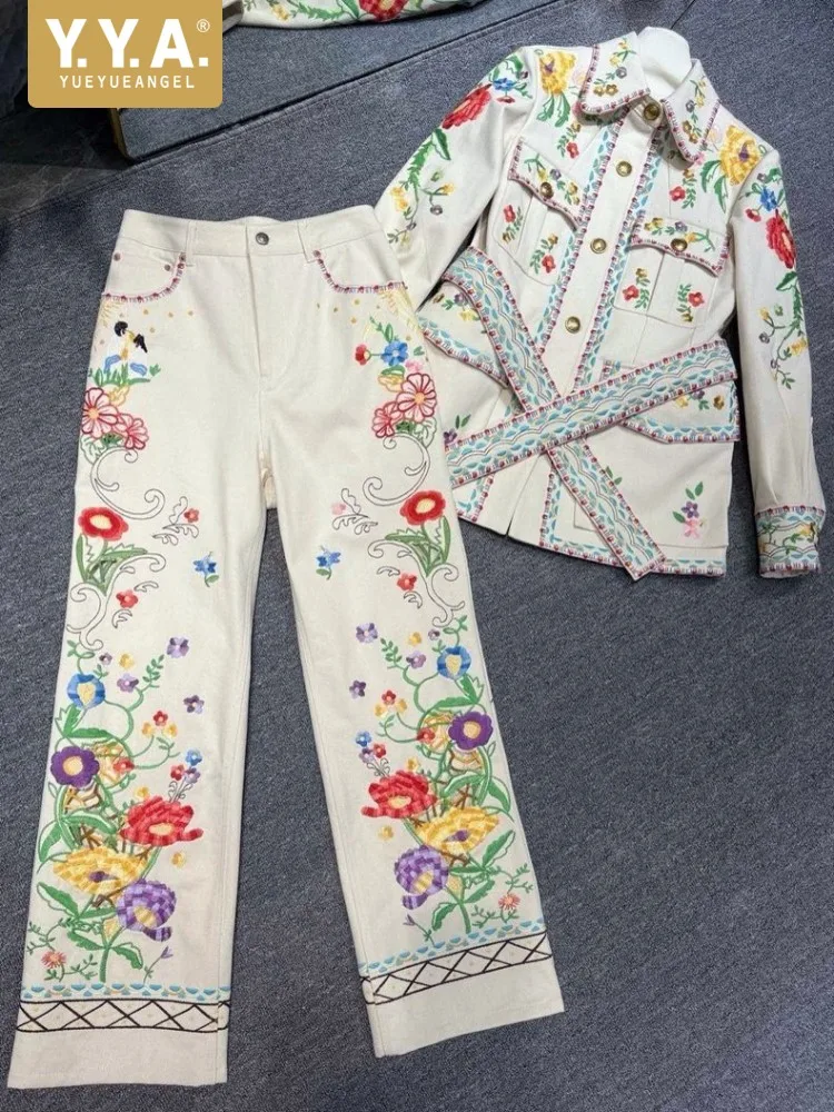 High Quality Handmade Flower Embroidery Cotton Jacket High Waist Straight Pants Women Spring Designer New Elegant Two Piece Set