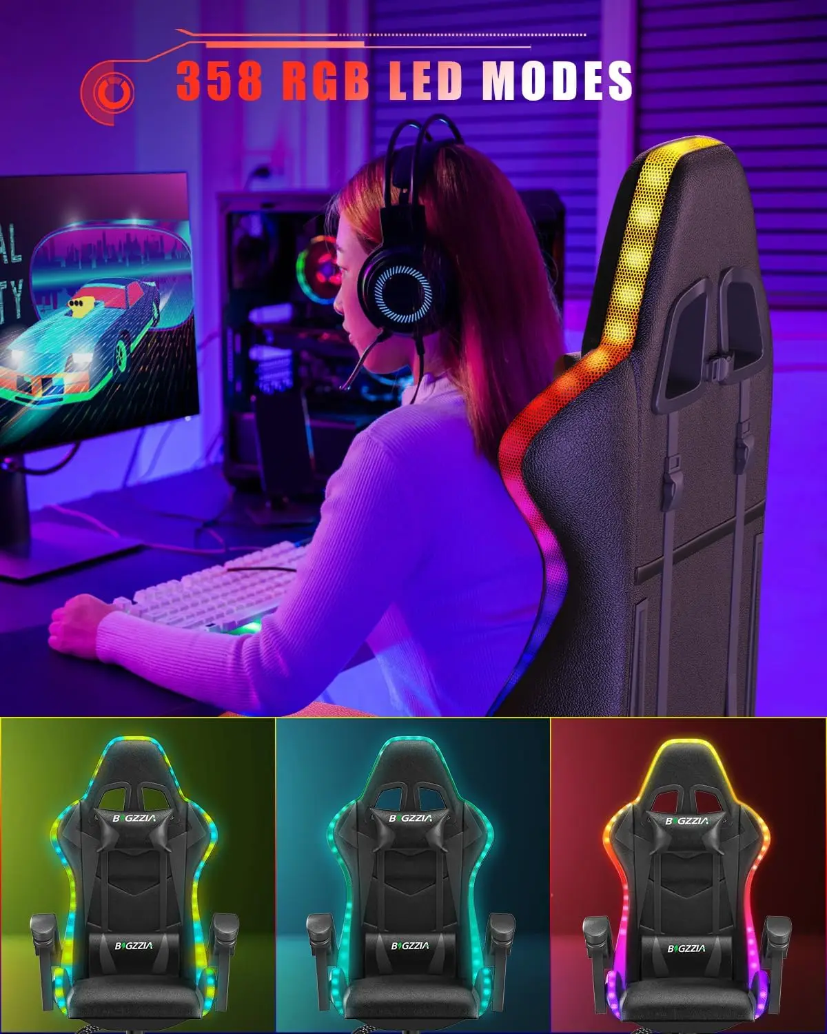 Gaming-Stuhl mit RGB-LED-Leuchten, ergonomischer Computer-Gamer-Stuhl mit hoher Rückenlehne