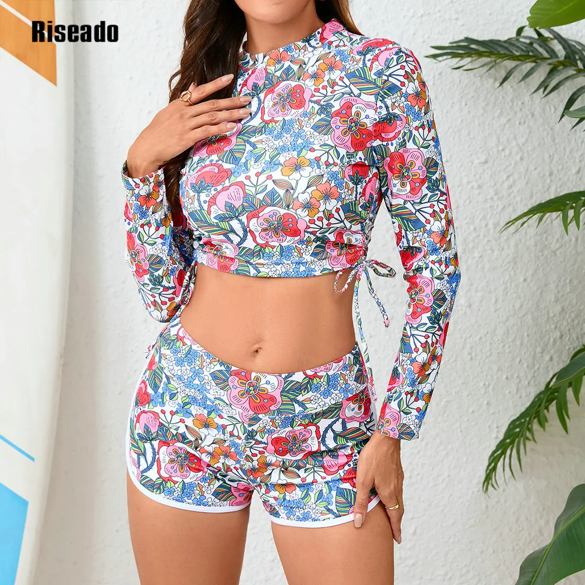

Womens Sport Two Piece Swimsuits Long Sleeve Crop Tops Guard Boyshort Bottom Swimming Suits for Women Big Size