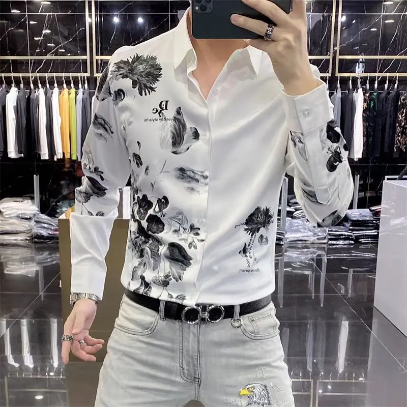 Spring Autumn New Printing Y2K Shirt Man High Street Turn-down Collar Long Sleeve Button Patchwork Cardigan Fashion Office Tops