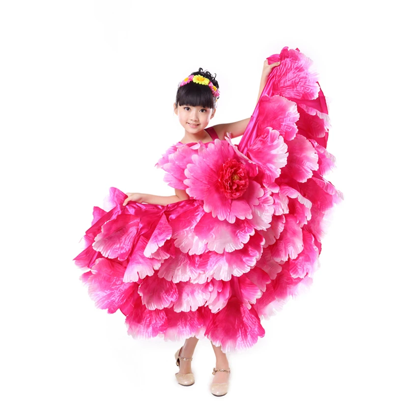 Kids Petal Costumes 6Color Spanish Dress for Girls Flamenco Dance Gypsy Skirts Stage Performance Wear Chorus Dresses 100-160CM