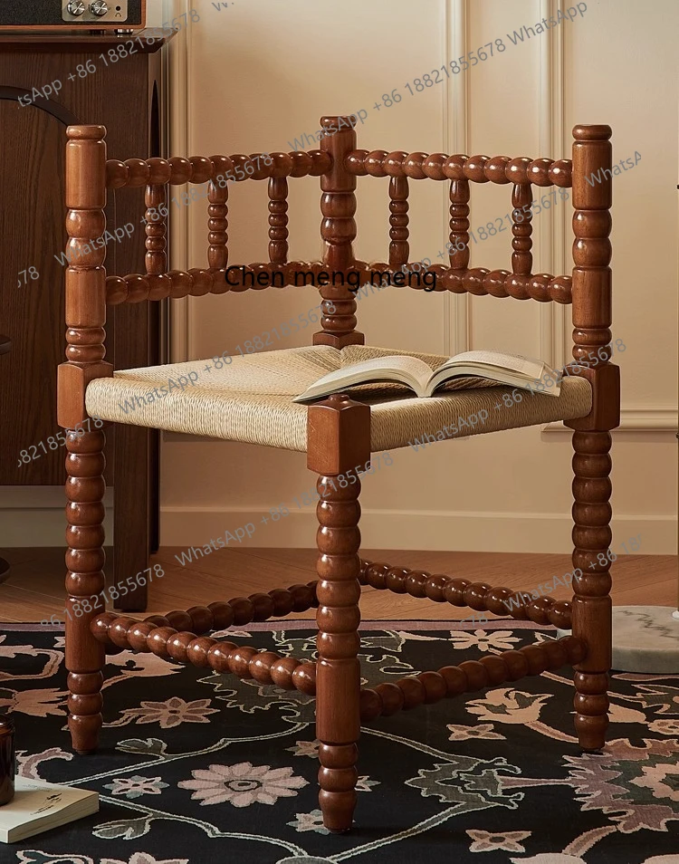 

Retro solid wood corner chair hand-woven carved armrest, casual chair