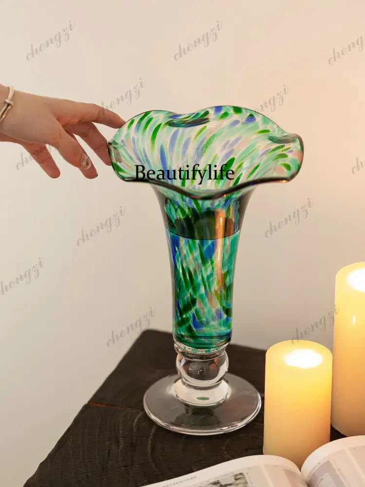 Nordic glass vase, green craft ornament, vintage style high-legged ornament, modern creative lace