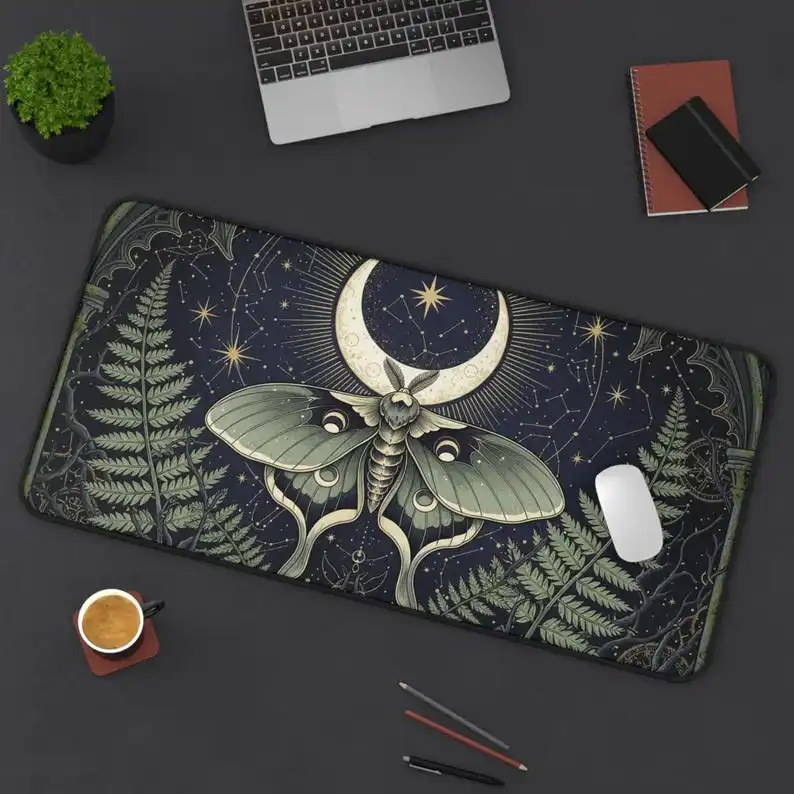 Plant Moon Moth Deskmat,Moon Fern Plant Pattern Mousepad,Witch-Style Desktop Decoration,Dark Night Starry Sky Office Accessories