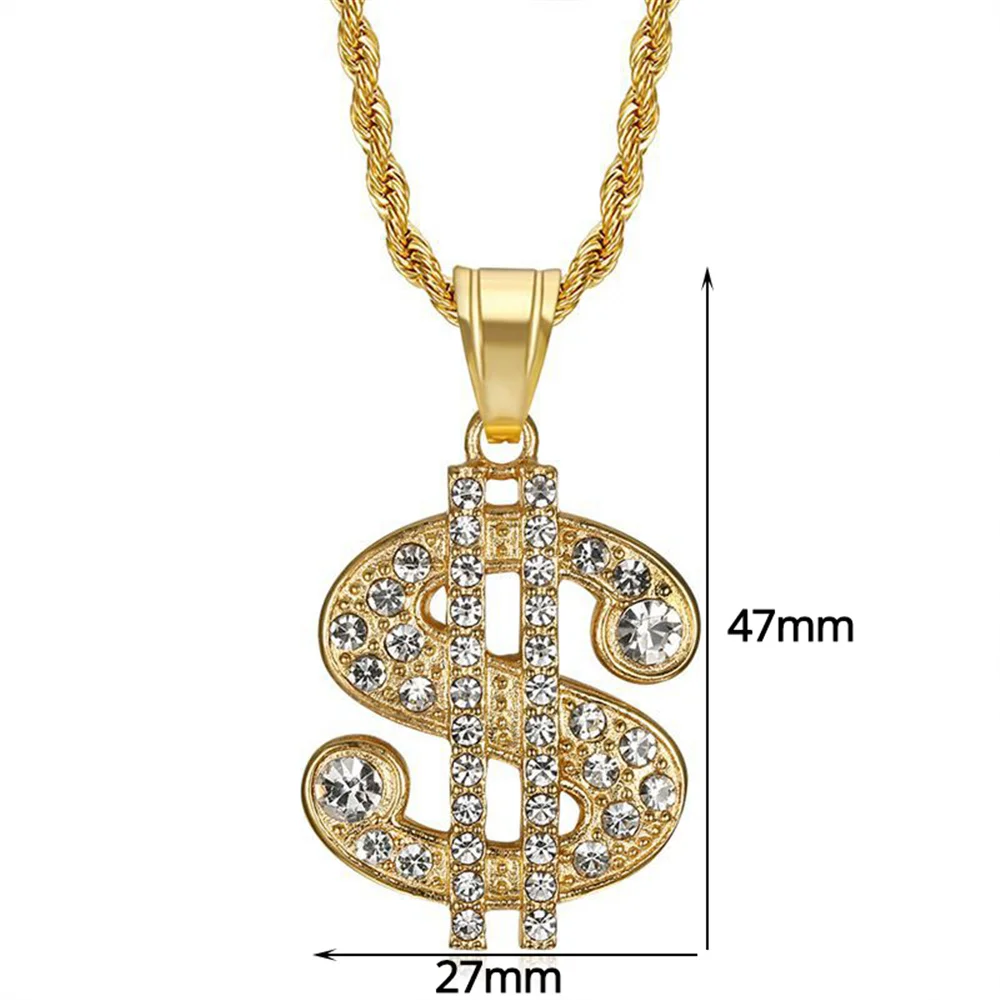 Hip Hop Iced Out Bling Dollar Sign Pendant Gold Color Stainless Steel Rapper Money Necklace For Men Women Hippie Jewelry Gift