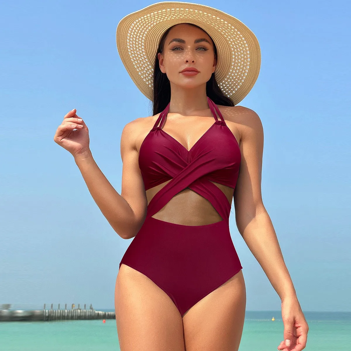 Black Halter Neck Bikini Cross Front Sheer Mesh Panel Bikinis High Waist Burgundy Strap Detail Swimsuit Olive Green V Neck view 3