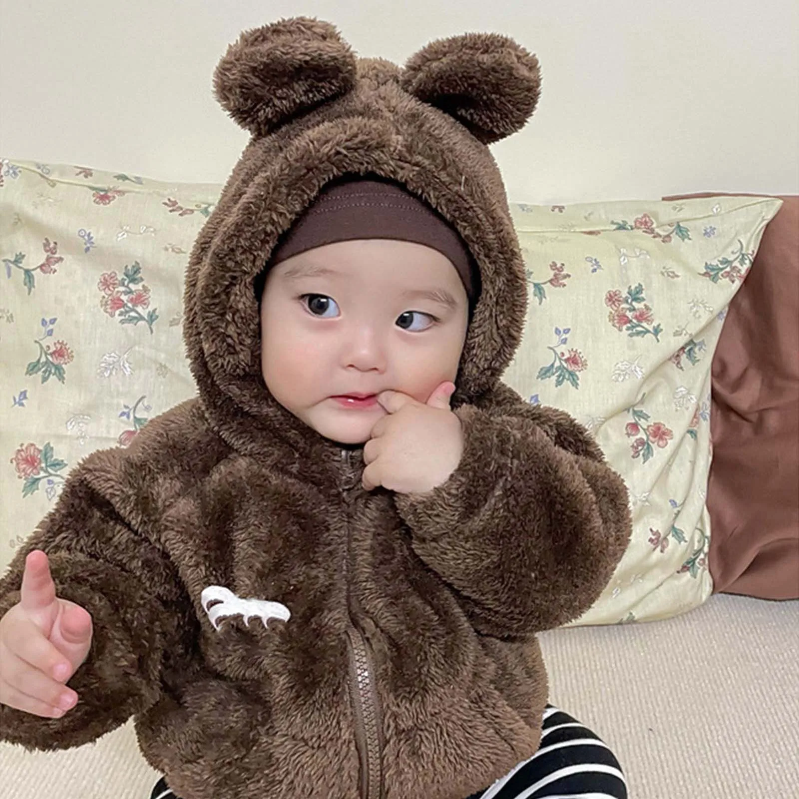 Autumn Winter Korean Fashion Infant Boys Jacket Plush Thickened Newborn Parkas Bear Ear Hooded Zipper Baby Girls Outerwear Coat